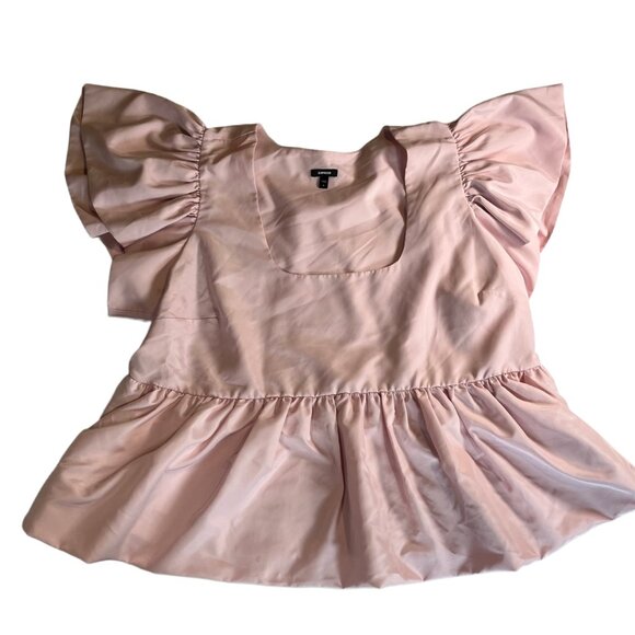 Express Plus size XL Square Neck Flutter Sleeve Peplum Babydoll Top Soft Pink - Picture 2 of 7